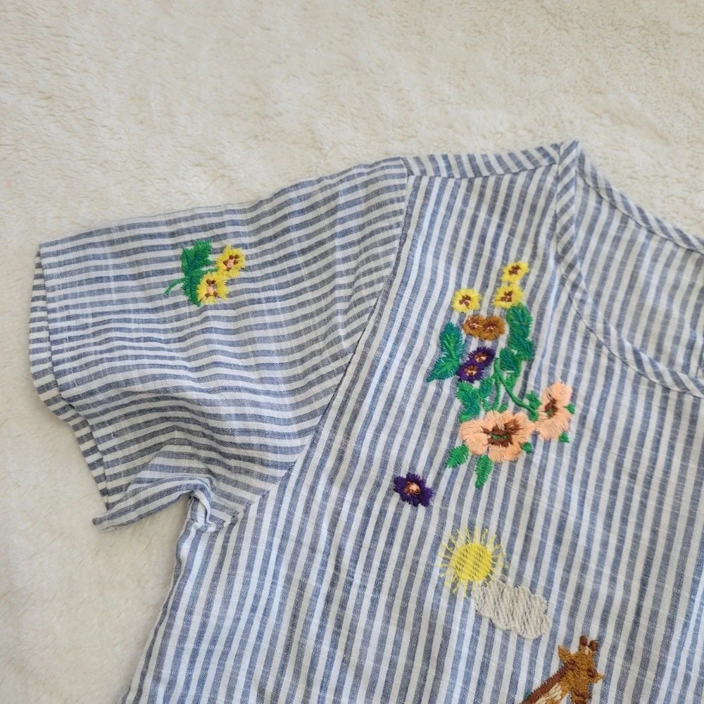 Next Girls 10 Embroidered Top Blue Striped Floral Giraffe Peplum Cotton Blouse